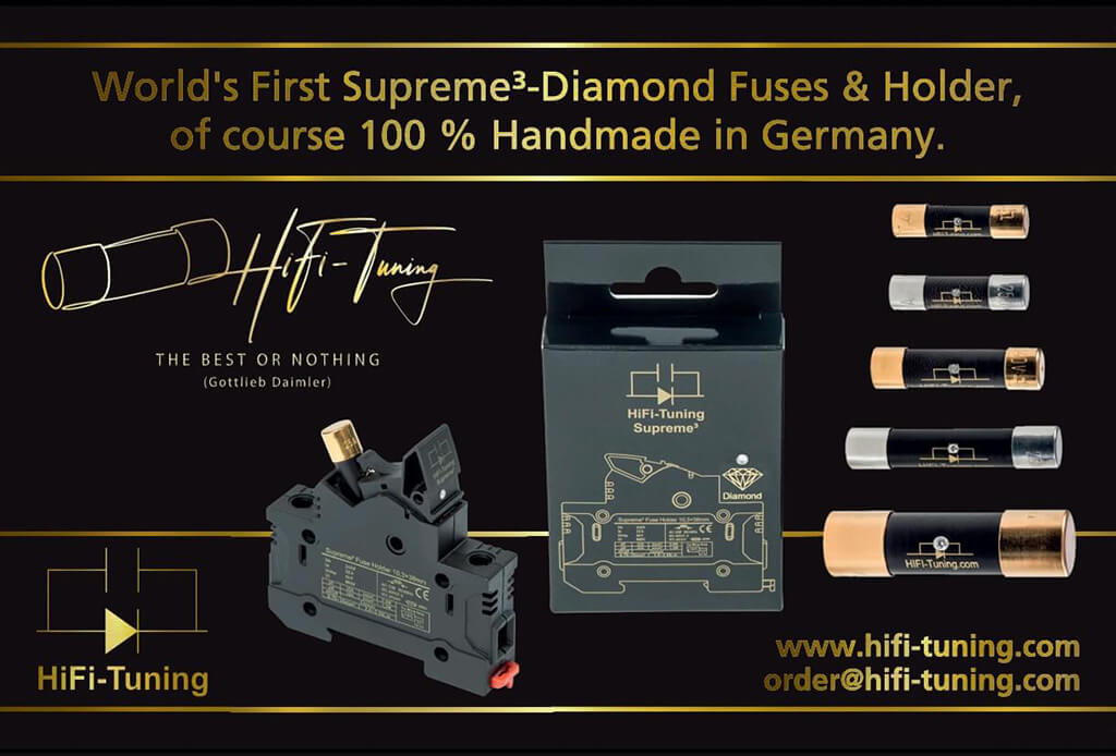 HiFi-Tuning Supreme³ Diamond fuse and holder, 100% handmade in Germany for high-end audio systems, featuring various end-cap designs in gold and silver.